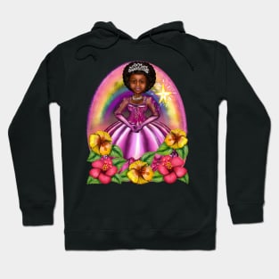 Black Afro Princess in purple with flowers and rainbow i ! beautiful  black girl with Afro hair, brown eyes and dark brown skin. Hair love ! Hoodie